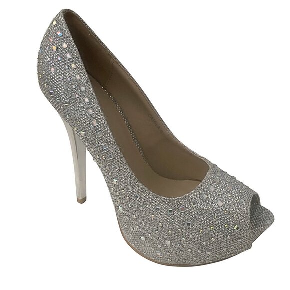 Styluxe Peep Toe High Heel Silver Studded Rhinestone Elegant Glitter Pumps (6) - Picture 4 of 8